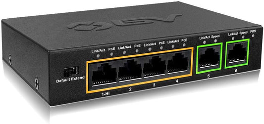 -Tech 6 Port Poe+ Switch (4 Poe+ Ports with 2 Ethernet Uplink and Extend Function) – 60W – 802.3At + 1 High Power Poe Port| Desktop Fanless Design | Sturdy Metal Housing